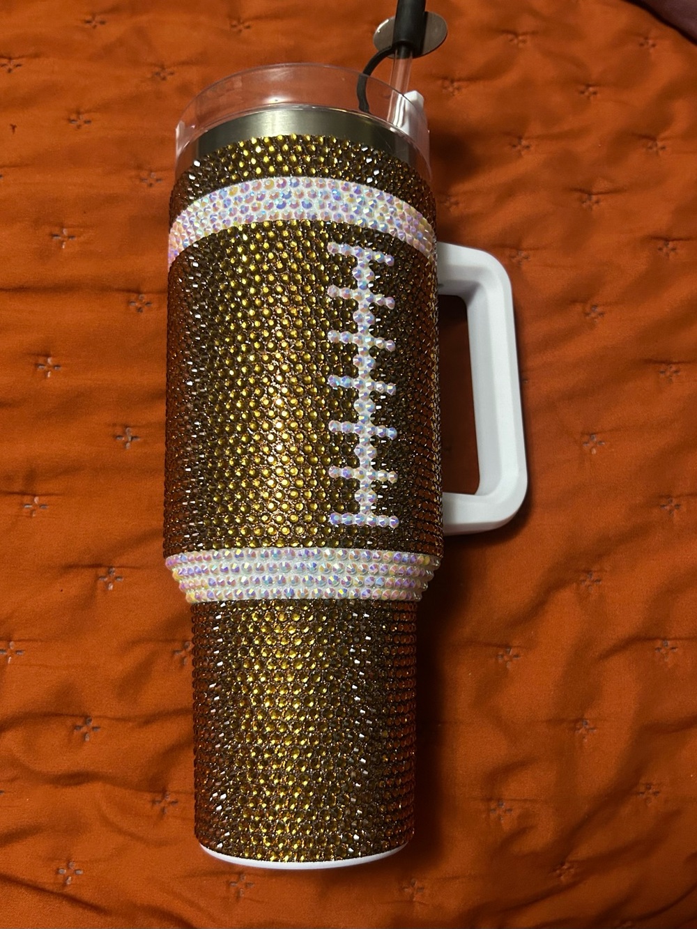New! Rhinestone Football Travel Tumbler with Handle